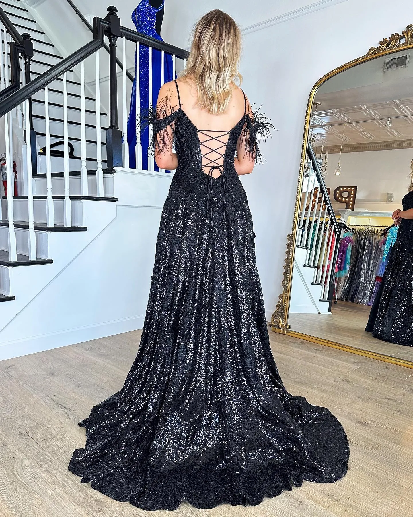 Chic Spaghetti Straps Lace Long Prom Dress Feather Thigh Split Elegant Evening Dress #JKSS618