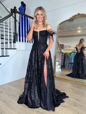 Chic Spaghetti Straps Lace Long Prom Dress Feather Thigh Split Elegant Evening Dress #JKSS618