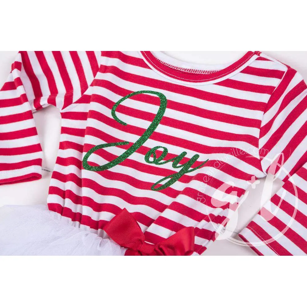 Christmas "JOY" Red Striped Tutu Dress Long Sleeves, Green JOY & 2-in-1 Bow Belt