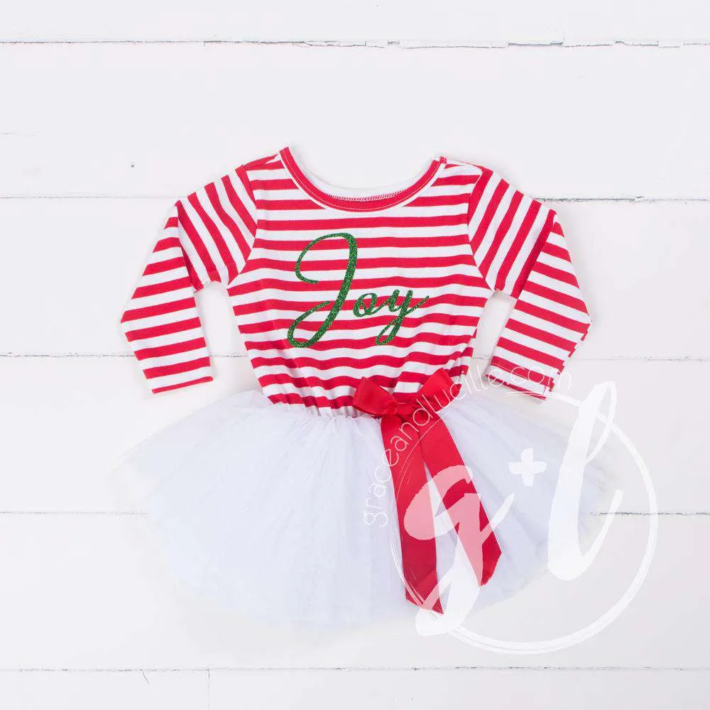 Christmas "JOY" Red Striped Tutu Dress Long Sleeves, Green JOY & 2-in-1 Bow Belt