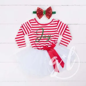 Christmas "JOY" Red Striped Tutu Dress Long Sleeves, Green JOY & 2-in-1 Bow Belt