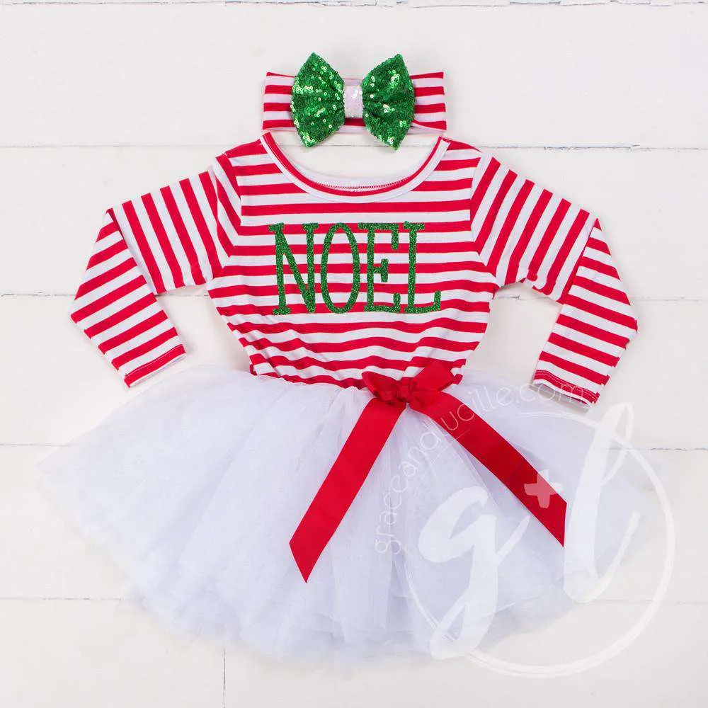 Christmas "NOEL" Dress Red Striped Long Sleeves