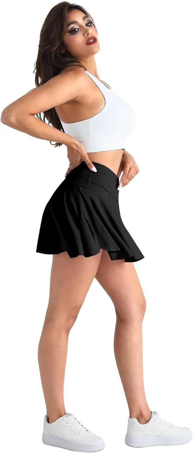 CHRLEISURE Women Tennis Golf Skirt with Pockets - High Waisted Crossover Golf Pleated Athletic Workout Dress Running Skort
