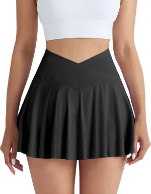 CHRLEISURE Women Tennis Golf Skirt with Pockets - High Waisted Crossover Golf Pleated Athletic Workout Dress Running Skort