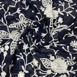 Classic Dark Blue Parsi Gara Embroidery Georgette Fabric