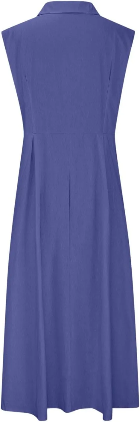 Cotton Linen Dresses for Women 2025 Summer Maxi Sleeveless Dress Button Down Work Dresses Lapel V Neck Lightweight Frocks