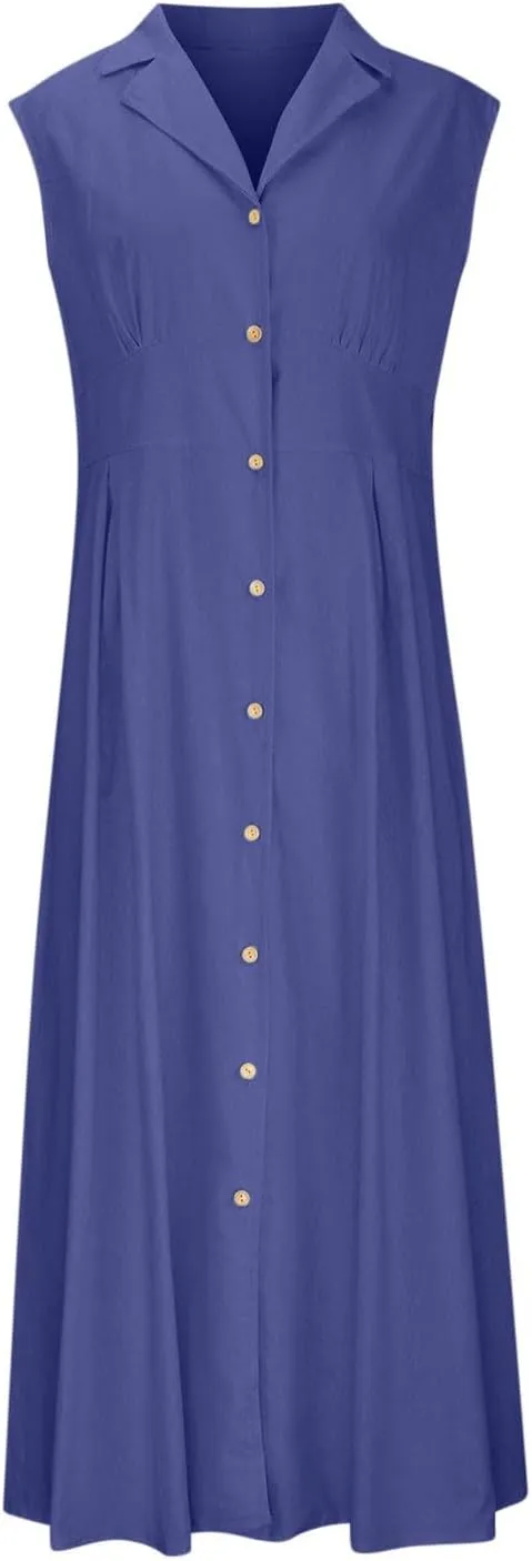 Cotton Linen Dresses for Women 2025 Summer Maxi Sleeveless Dress Button Down Work Dresses Lapel V Neck Lightweight Frocks