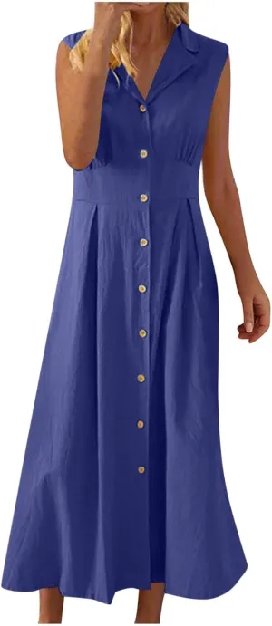 Cotton Linen Dresses for Women 2025 Summer Maxi Sleeveless Dress Button Down Work Dresses Lapel V Neck Lightweight Frocks