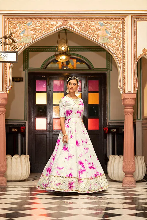 Cotton Shibori Print With Sequence Embroidered Anarkali Gown