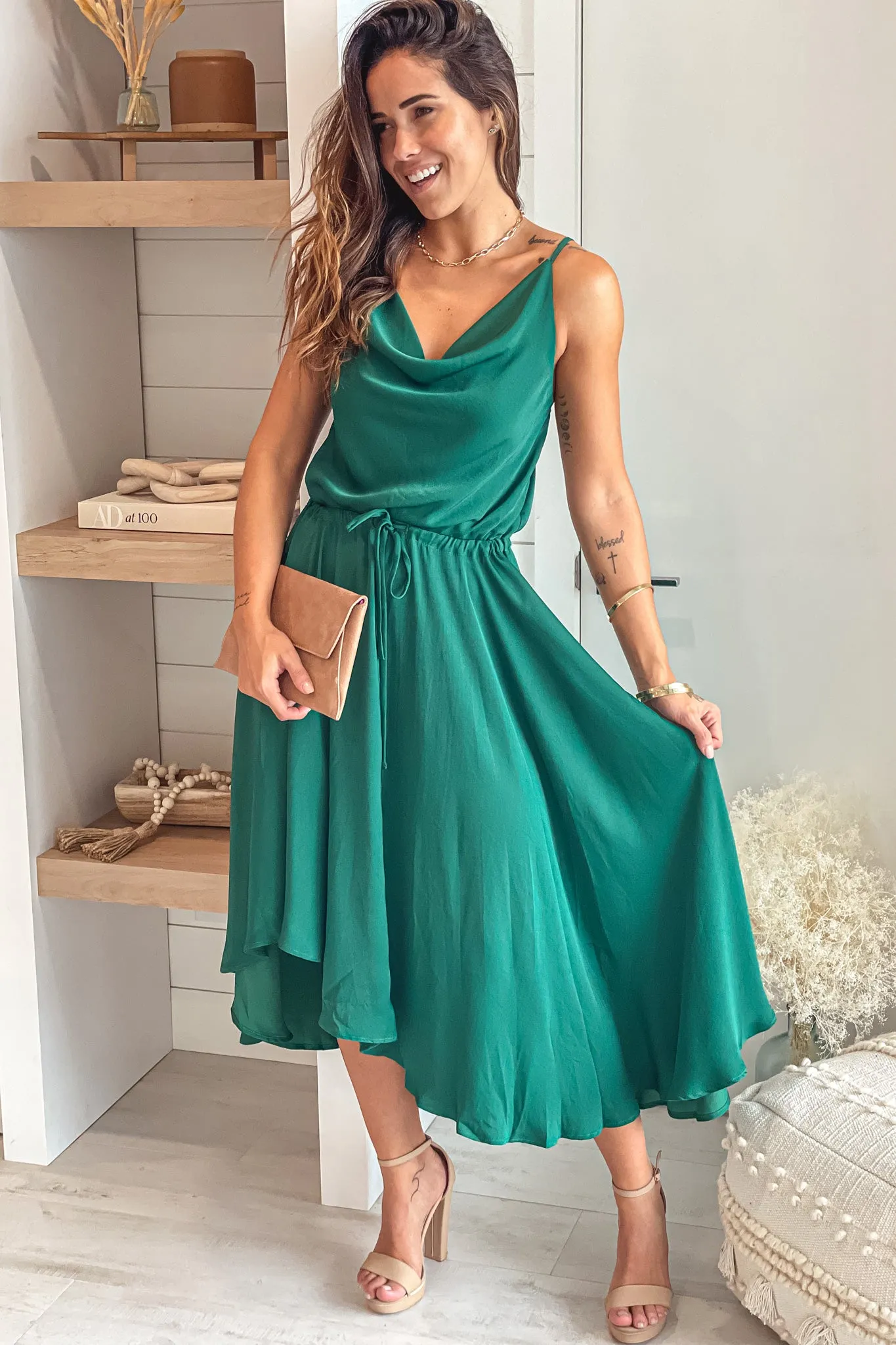 Dark Green Satin Midi Dress With Cowl Neck