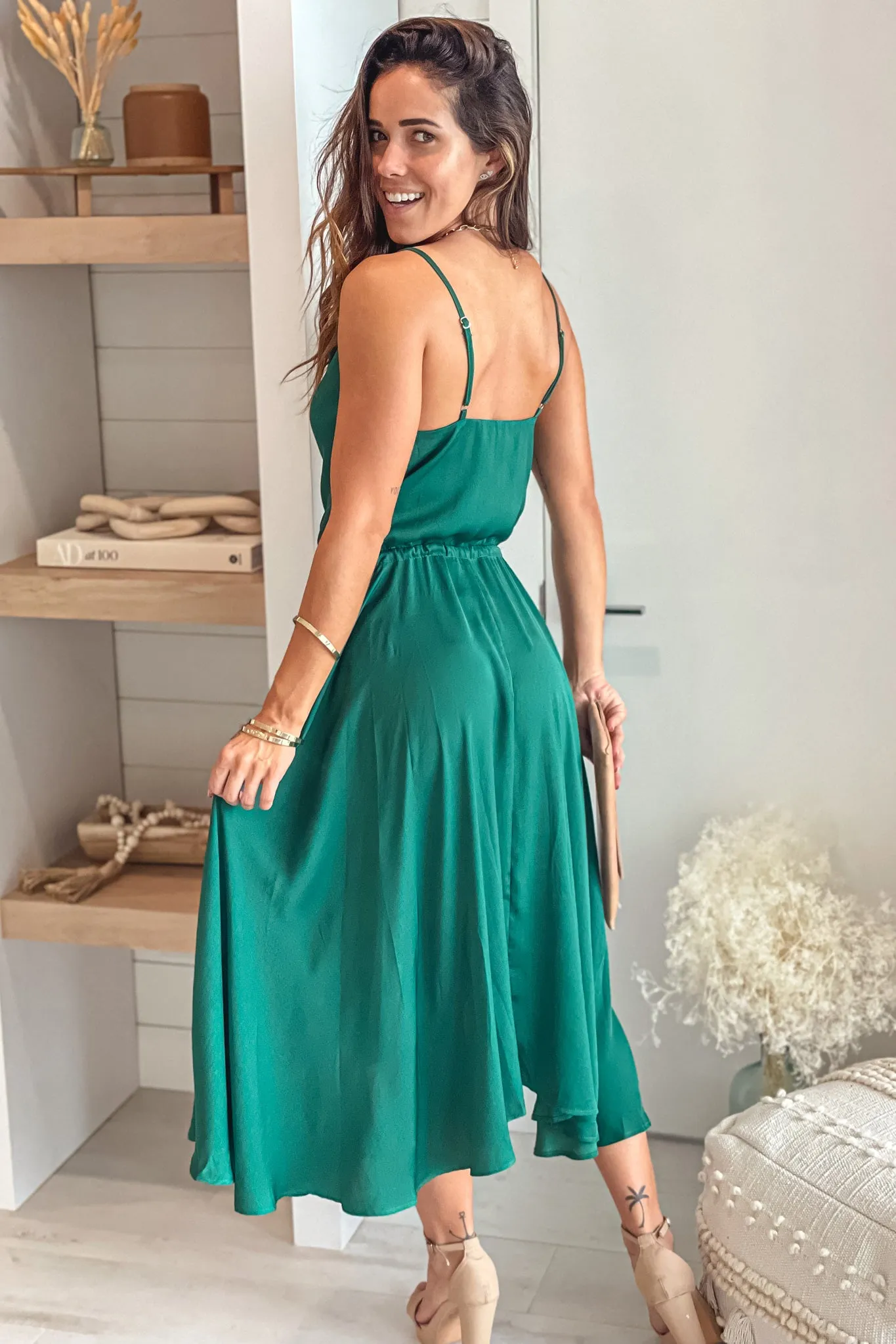 Dark Green Satin Midi Dress With Cowl Neck