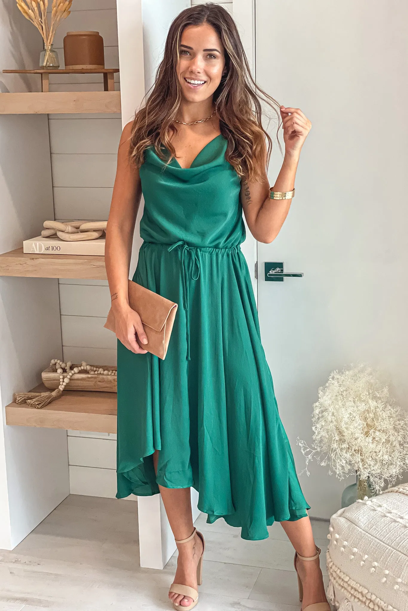 Dark Green Satin Midi Dress With Cowl Neck