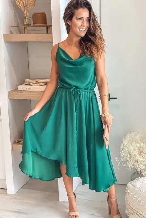 Dark Green Satin Midi Dress With Cowl Neck
