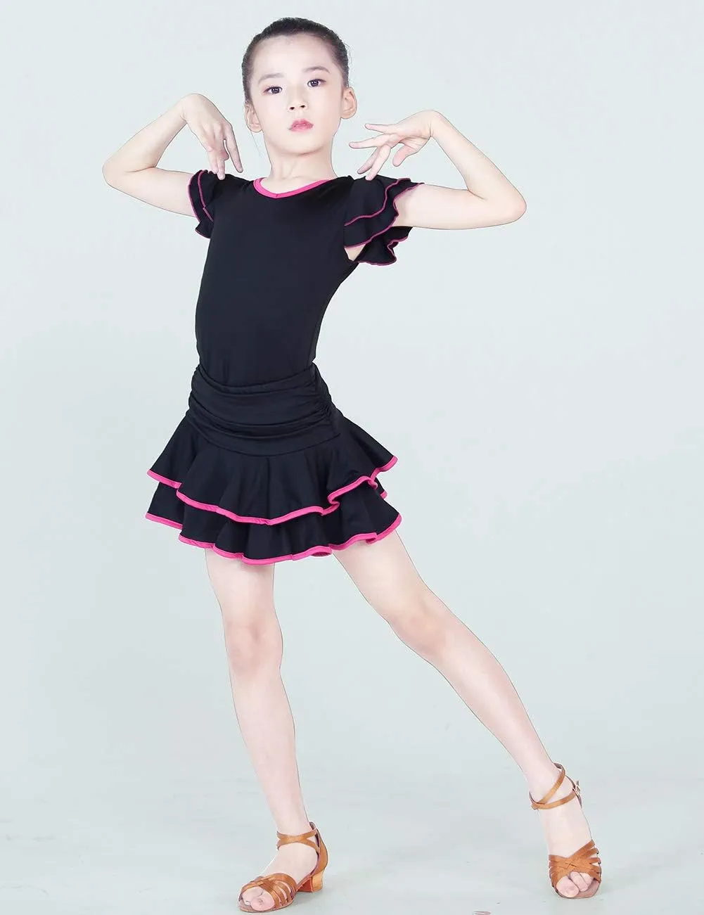 Daydance Girl's Dance Skirt Latin Ballroom Samba Tango Practice Dress with Boy Shorts