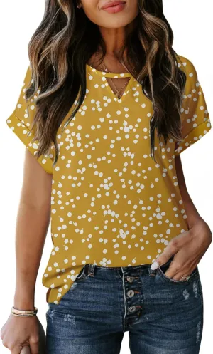 Dokotoo Women's Casual Crewneck Boho Short Sleeve Shirts 2025 Summer Floral Print Chiffon Blouses Bohemian Top Shirts