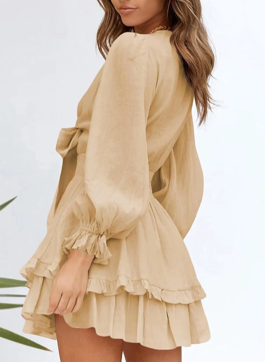 Dokotoo Womens Casual Spring Summer 2025 Deep V Neck Knotted Tiered Chiffon Elegant Mini Short Swing Skater Dresses