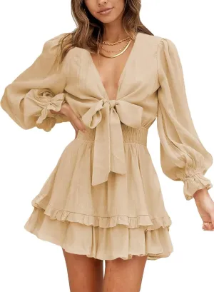 Dokotoo Womens Casual Spring Summer 2025 Deep V Neck Knotted Tiered Chiffon Elegant Mini Short Swing Skater Dresses