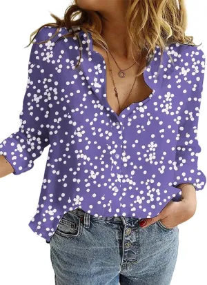 Dokotoo Women's Casual V Neck Alicia Floral Print Roll Up Long Sleeve Chiffon Button Down Blouses Bohemian Top Shirts