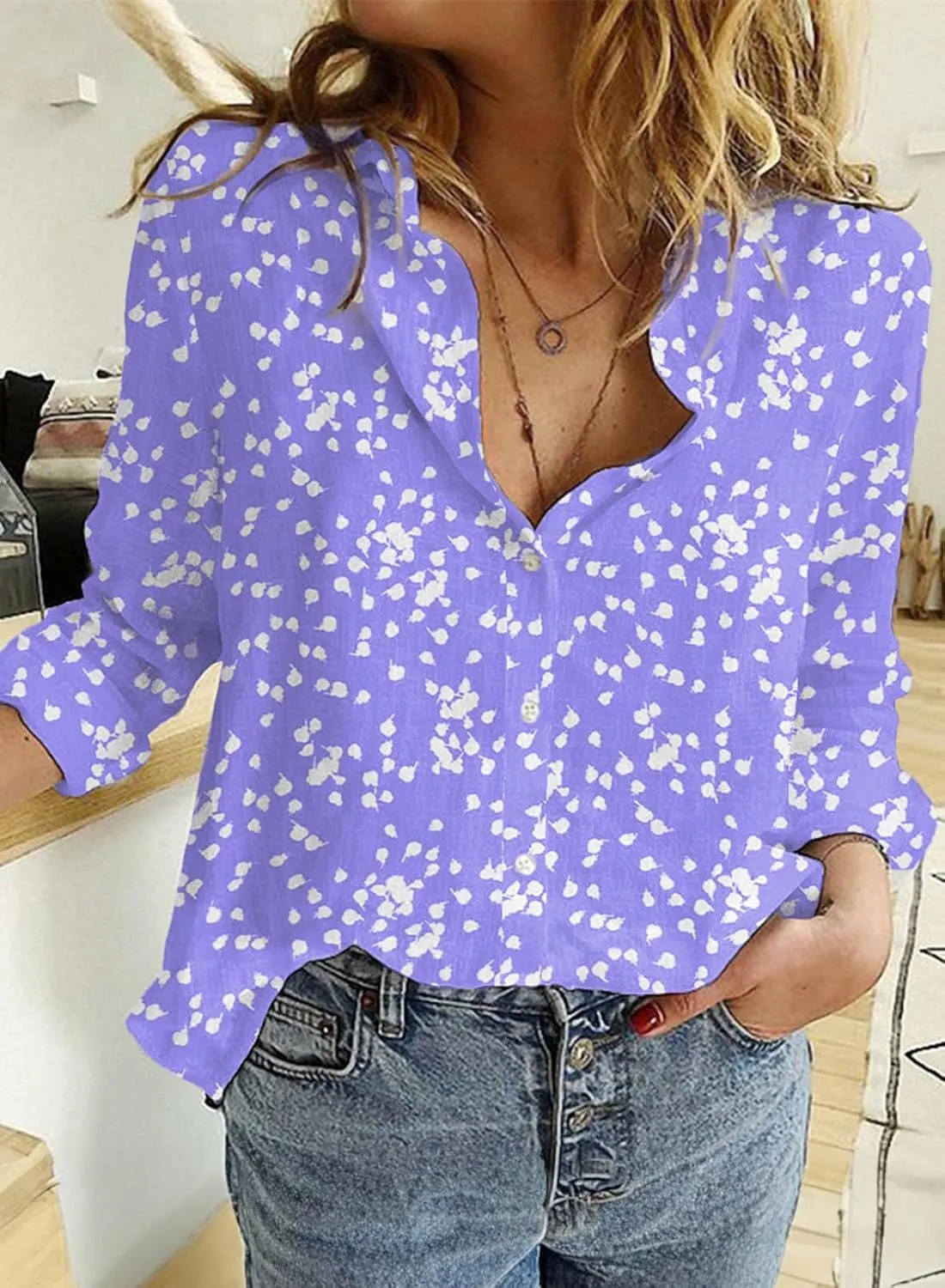 Dokotoo Women's Casual V Neck Alicia Floral Print Roll Up Long Sleeve Chiffon Button Down Blouses Bohemian Top Shirts