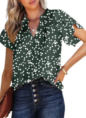 Dokotoo Women's Casual V Neck Alicia Floral Print Smocked Short Sleeve Chiffon Blouses Bohemian Top Shirts