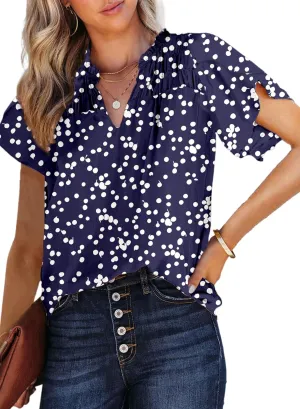 Dokotoo Women's Casual V Neck Alicia Floral Print Smocked Short Sleeve Chiffon Blouses Bohemian Top Shirts