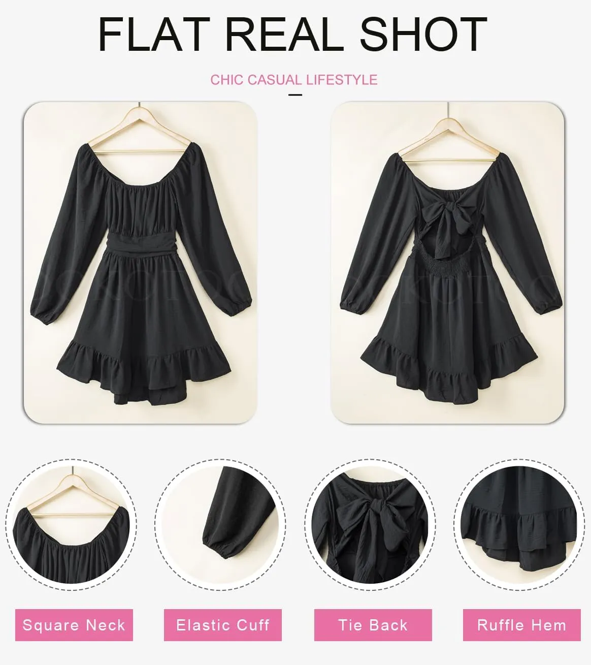 Dokotoo Womens Dress Long Lantern Sleeve Square Neck Tie Backless Sexy Dress Ruffle Elastic Waist A-Line Mini Dress