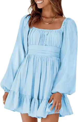 Dokotoo Womens Dress Long Lantern Sleeve Square Neck Tie Backless Sexy Dress Ruffle Elastic Waist A-Line Mini Dress
