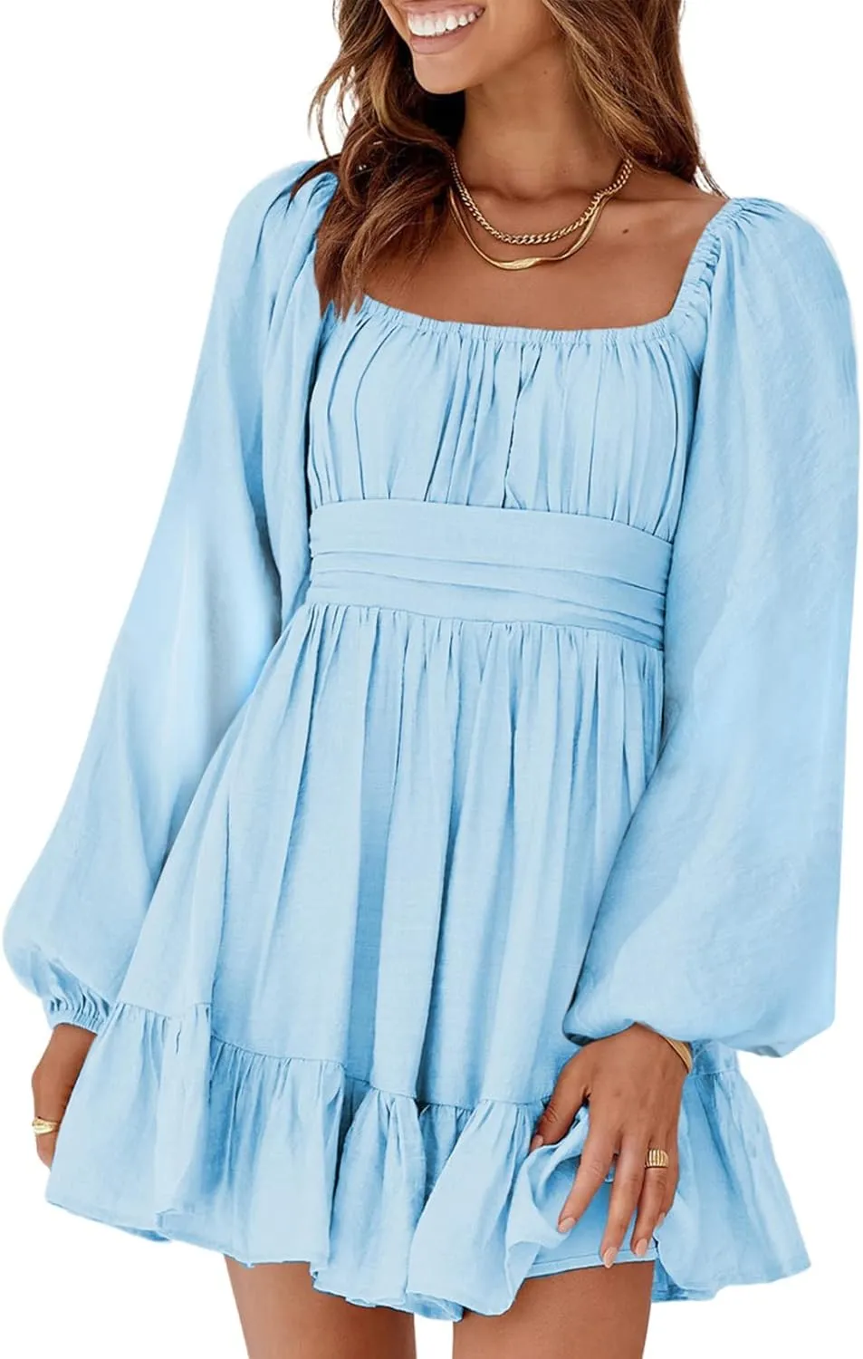 Dokotoo Womens Dress Long Lantern Sleeve Square Neck Tie Backless Sexy Dress Ruffle Elastic Waist A-Line Mini Dress
