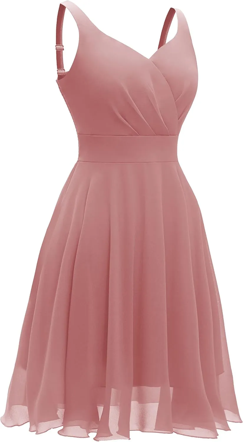 Dressever Summer Cocktail Dress V-Neck Adjustable Spaghetti Strap Chiffon Sundress