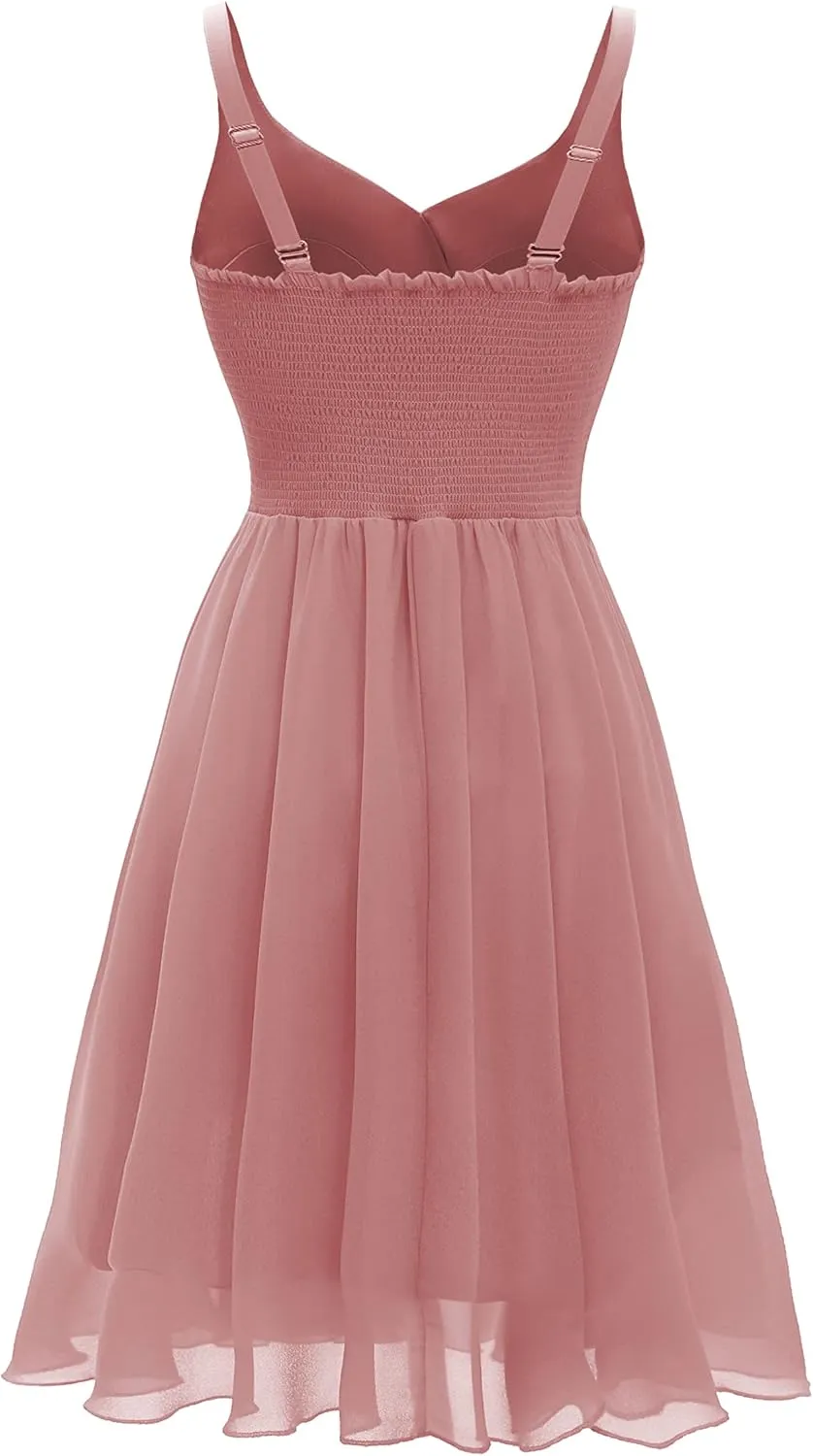Dressever Summer Cocktail Dress V-Neck Adjustable Spaghetti Strap Chiffon Sundress