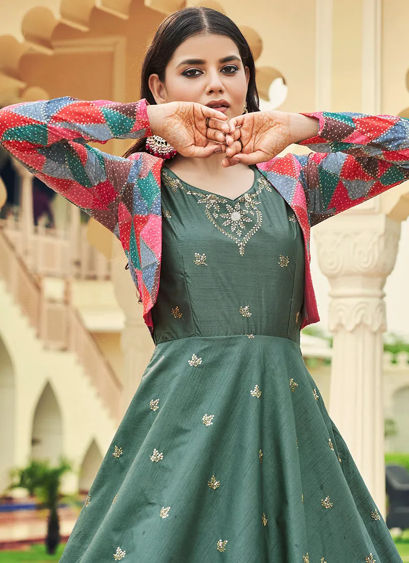 Dusty Green Sequence Embroidered Anarkali Gown With Jacket