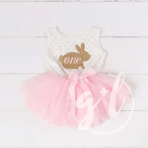 Easter Bunny 1st Birthday Gold "ONE" on Pink Polka Dot Sleeveless Tutu Dress