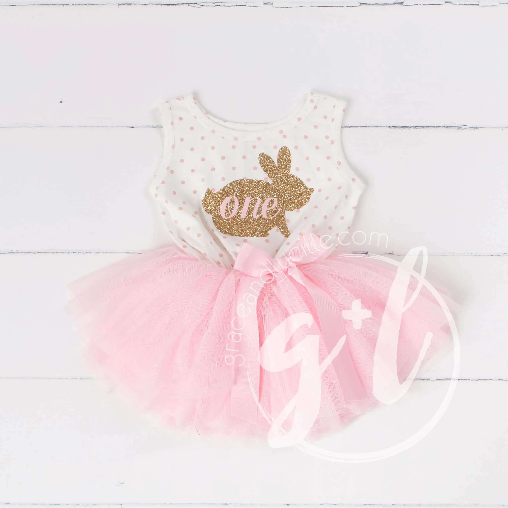 Easter Bunny 1st Birthday Gold "ONE" on Pink Polka Dot Sleeveless Tutu Dress