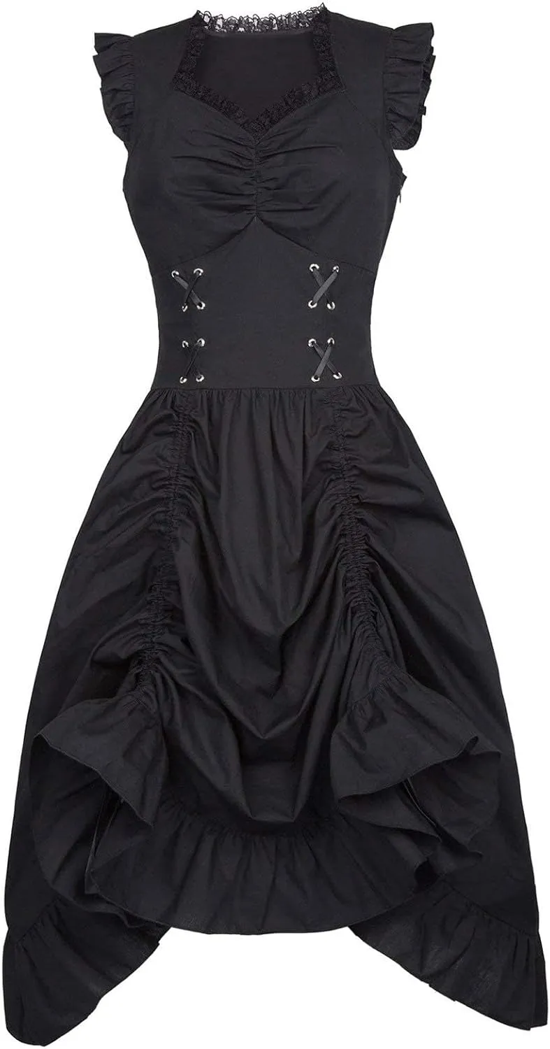 Elegant Dress for Women Lace Trim Sweetheart Neck Dresses Lace Up Back Drawstring Irregular High-Low Ruffle Hem Dress
