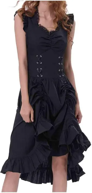 Elegant Dress for Women Lace Trim Sweetheart Neck Dresses Lace Up Back Drawstring Irregular High-Low Ruffle Hem Dress
