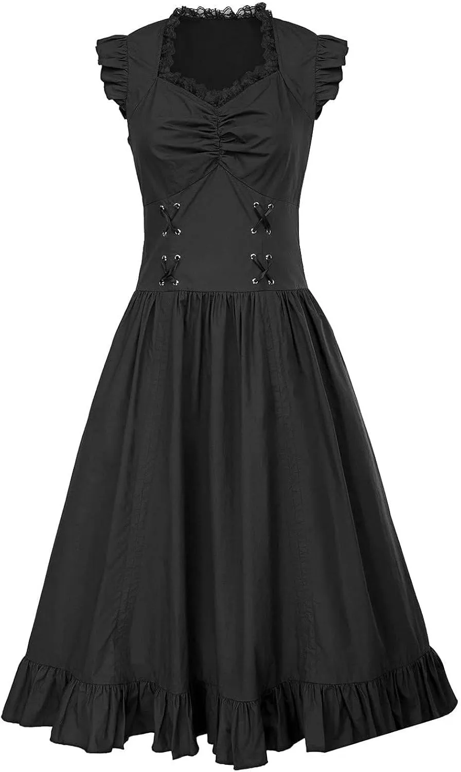 Elegant Dress for Women Lace Trim Sweetheart Neck Dresses Lace Up Back Drawstring Irregular High-Low Ruffle Hem Dress