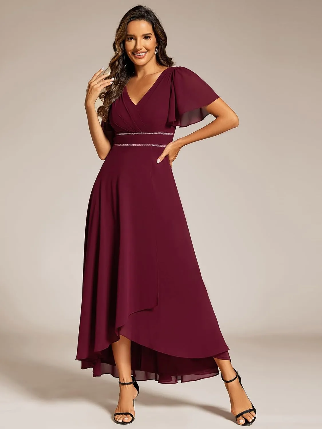 Ever-Pretty Women's Formal Dress V Neck Ruffles Sleeves Empire Waist A Line Pleated Chiffon Evening Dresses 41981