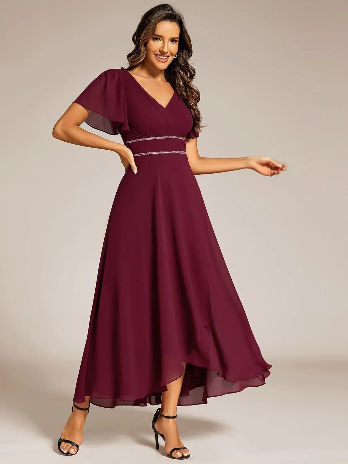 Ever-Pretty Women's Formal Dress V Neck Ruffles Sleeves Empire Waist A Line Pleated Chiffon Evening Dresses 41981