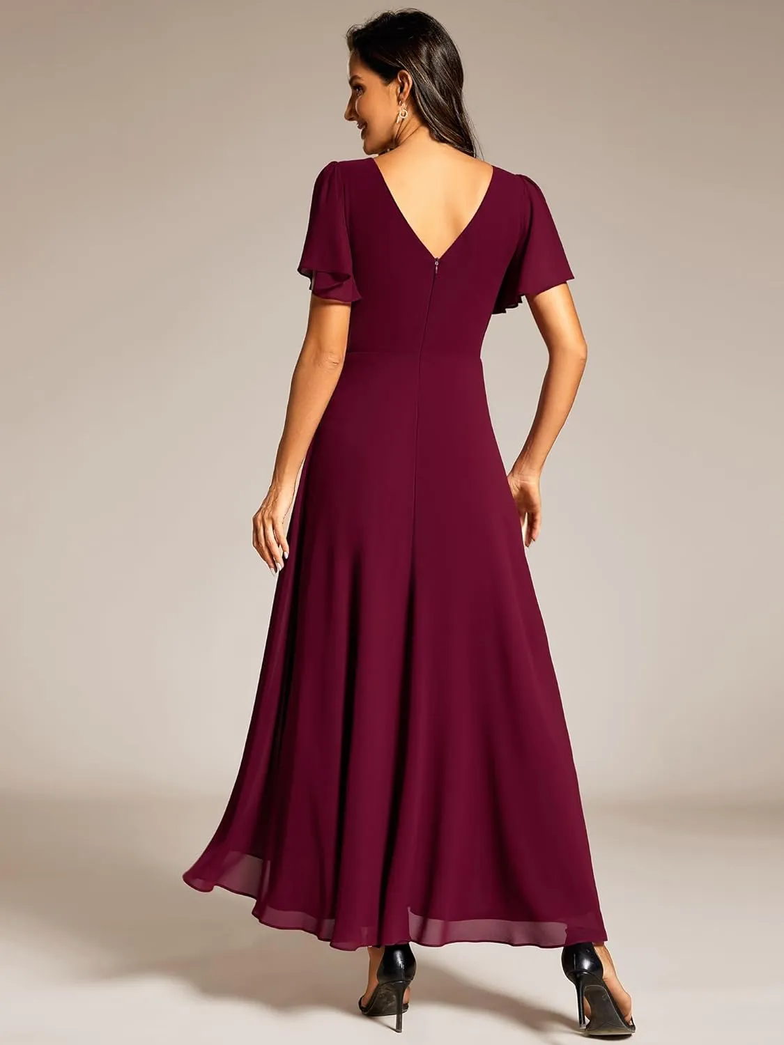 Ever-Pretty Women's Formal Dress V Neck Ruffles Sleeves Empire Waist A Line Pleated Chiffon Evening Dresses 41981