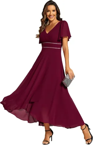 Ever-Pretty Women's Formal Dress V Neck Ruffles Sleeves Empire Waist A Line Pleated Chiffon Evening Dresses 41981