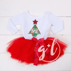 First birthday Christmas Dress Red Tutu, White Long Sleeves