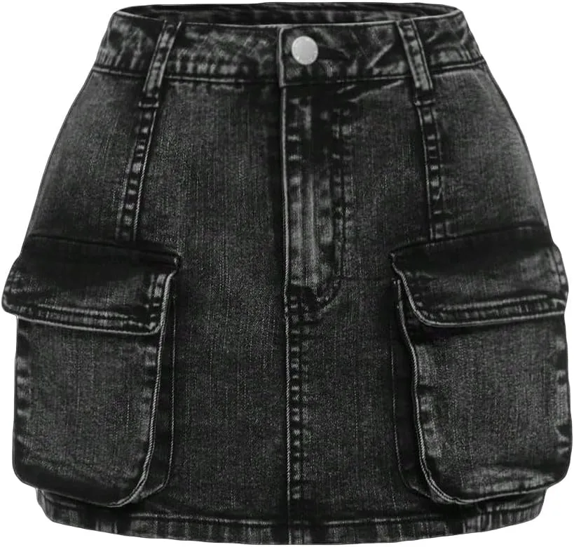 Girl's Denim Cargo Skirt Y2K Solid Low Waist Button Bodycon A Line Denim Skirt Slim Fit Mini Skirt with Flap Pocket
