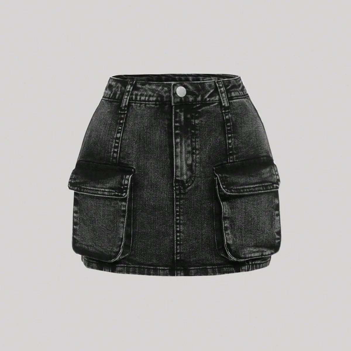 Girl's Denim Cargo Skirt Y2K Solid Low Waist Button Bodycon A Line Denim Skirt Slim Fit Mini Skirt with Flap Pocket