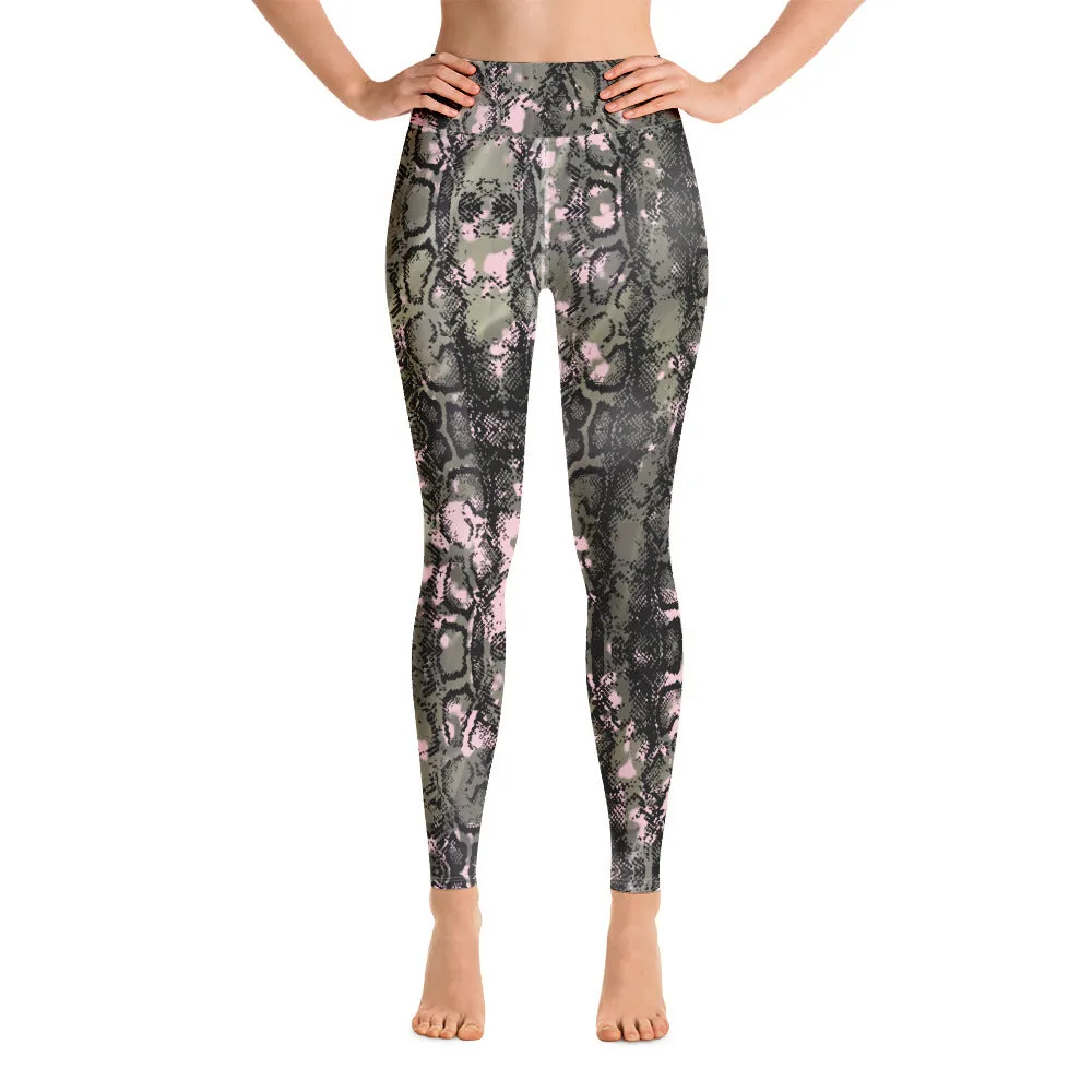 Green Snakeprint Women's Yoga Leggings, Python Snake Print Long Gym Tights-Made in USA/EU