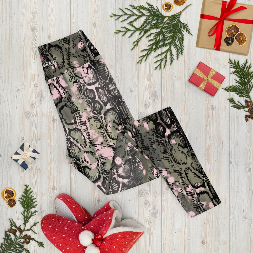 Green Snakeprint Women's Yoga Leggings, Python Snake Print Long Gym Tights-Made in USA/EU