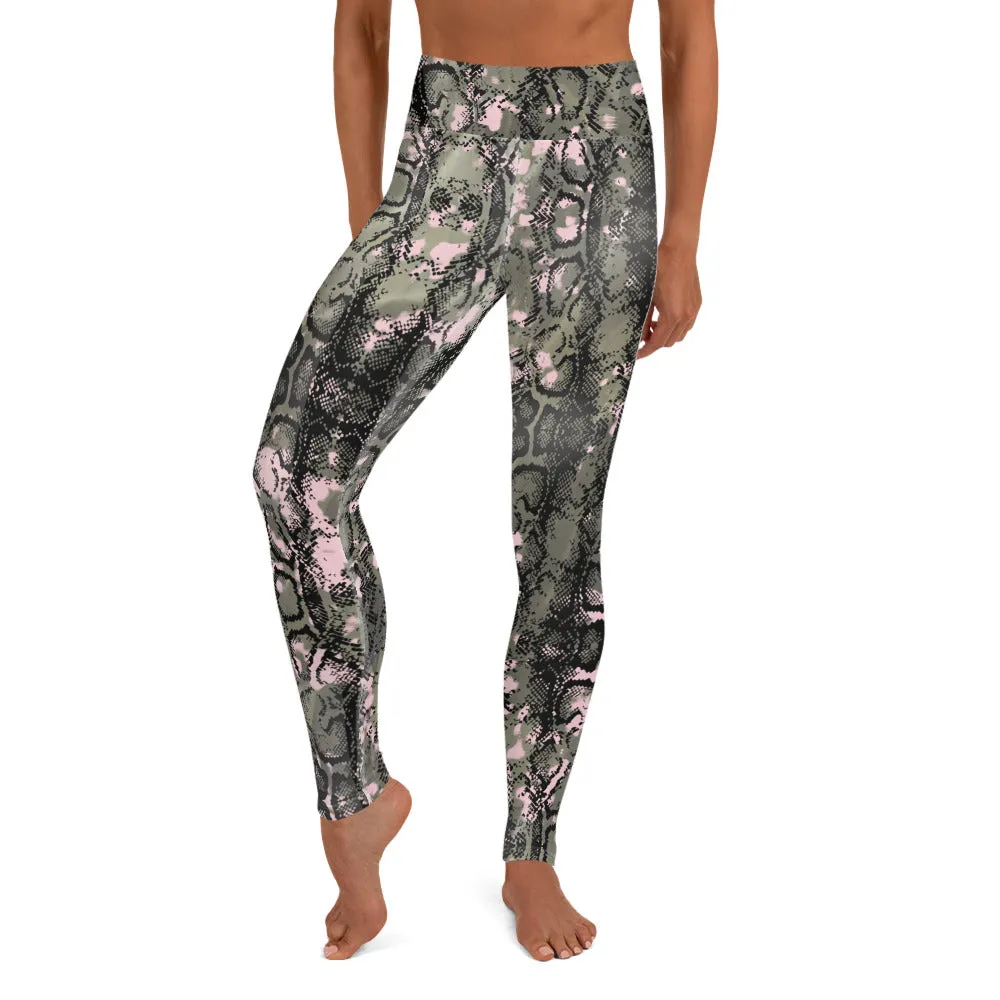 Green Snakeprint Women's Yoga Leggings, Python Snake Print Long Gym Tights-Made in USA/EU