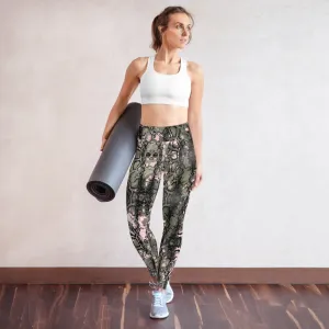 Green Snakeprint Women's Yoga Leggings, Python Snake Print Long Gym Tights-Made in USA/EU