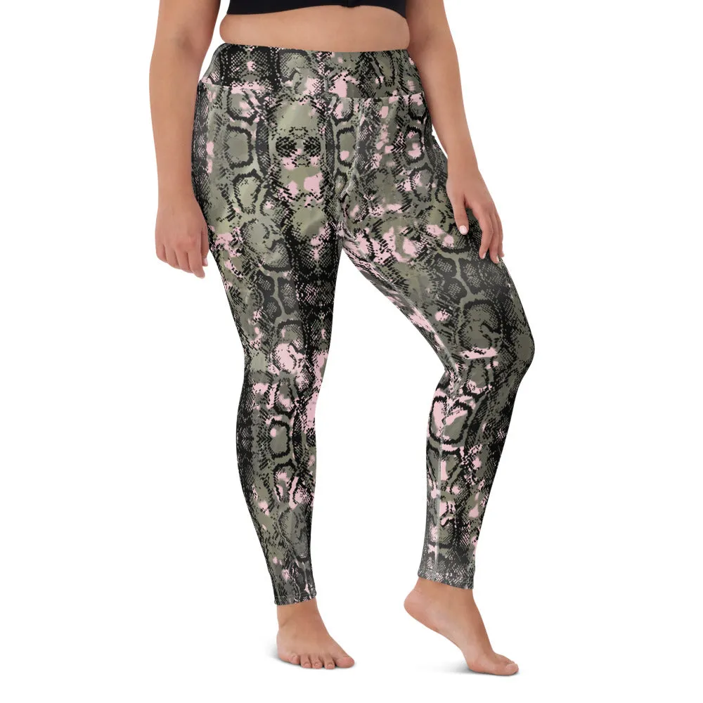 Green Snakeprint Women's Yoga Leggings, Python Snake Print Long Gym Tights-Made in USA/EU