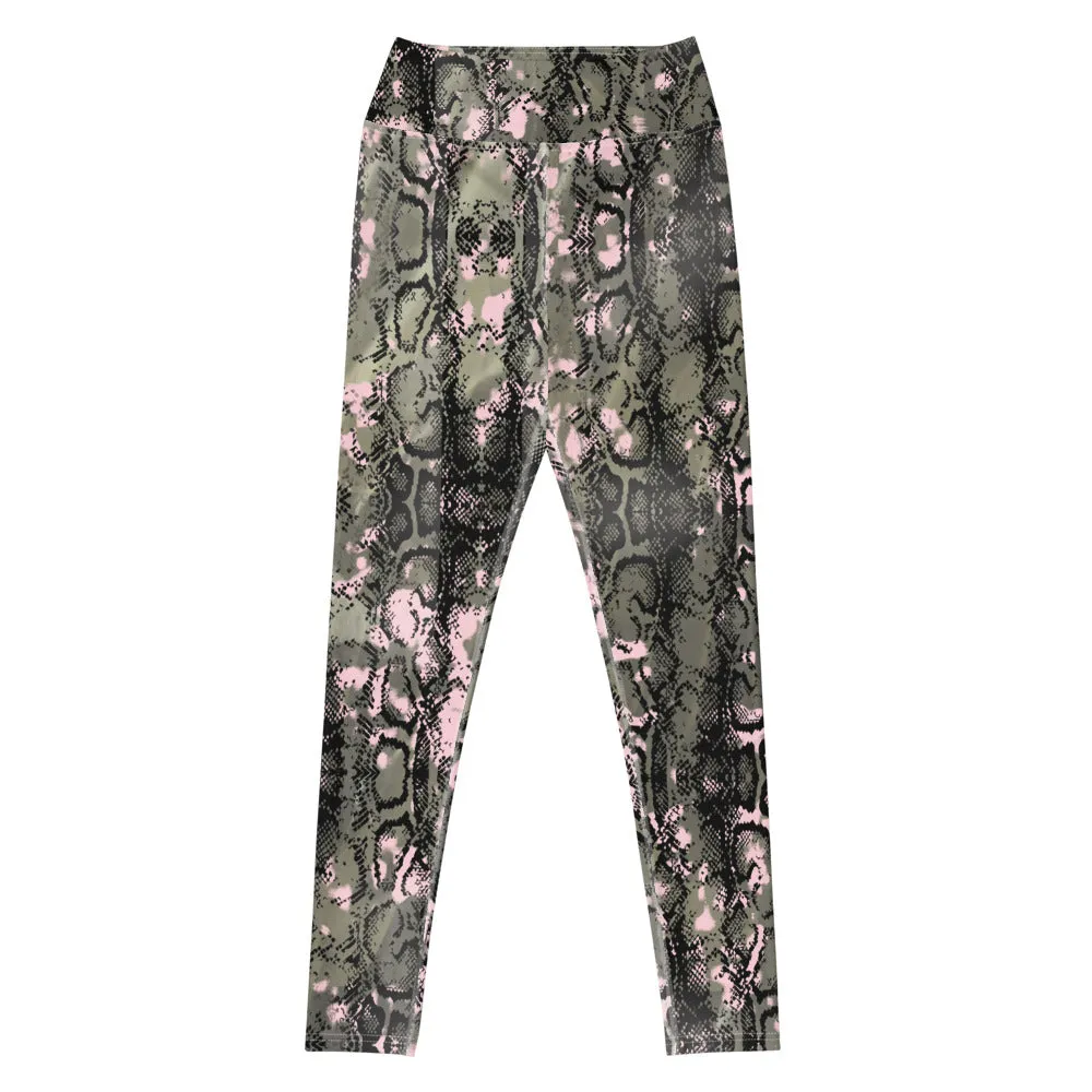 Green Snakeprint Women's Yoga Leggings, Python Snake Print Long Gym Tights-Made in USA/EU
