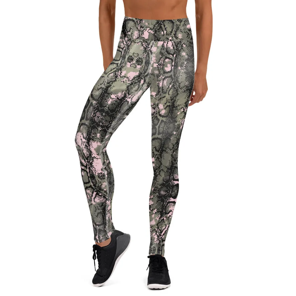 Green Snakeprint Women's Yoga Leggings, Python Snake Print Long Gym Tights-Made in USA/EU